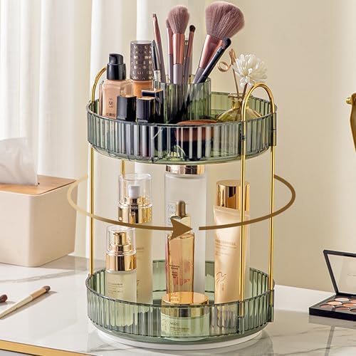 Aveniee Rotating Makeup Organizer for Vanity, Upagraded Perfume Skincare Bathroom Counter Organizers with Brush Divider, 2 Tier Spinning Lipstick Cosmetic Lotion Storage,Green by Aveniee