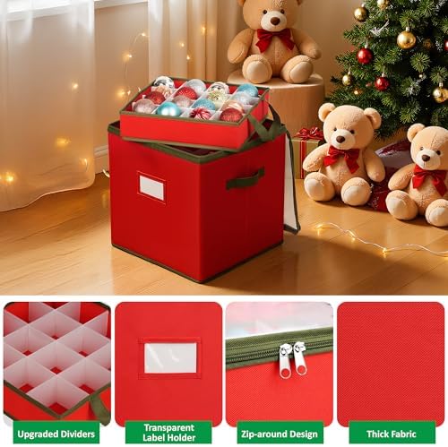 Christmas Ornament Storage Box, Clear Ornament Storage Include 4 Trays with Adjustable Dividers, Ornament Organizer with Handle Store Up to 64 Holiday Ornaments, Clear Top - Image 2