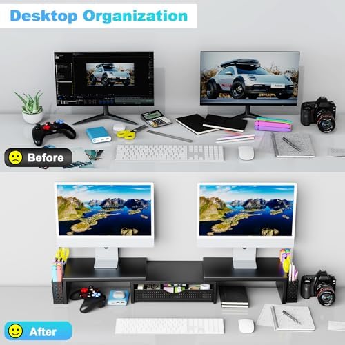 Spacrea Dual Monitor Stand Riser with Drawer and 2 Pen Holders - Image 3