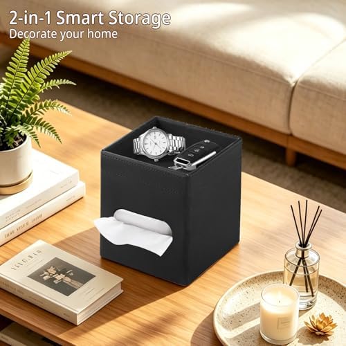 PUSU Square PU Leather Tissue Box Cover with Top Storage Tray Modern Decor - Image 2