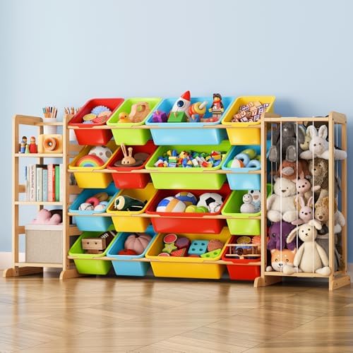 Toy Storage Organizer with Bookshelf and Stuffed Animal Storage - Playroom Organization with 3 Shelves and 16 Bins - Living Room Box for Collections - Nursery Bedroom Decor Essential by MirolamUS
