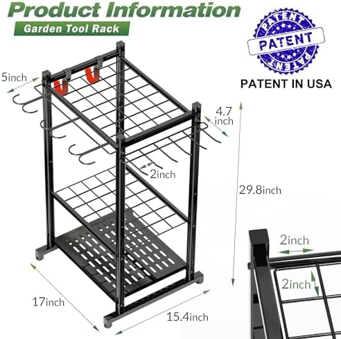 Sttoraboks Garden Tool Organizer Rack Up to 50 Tools, Heavy-Duty Steel Yard Tool Organizer for Garage Storage with 11 Hooks, Broom Holder & Garden Tool Rack for Shed, Patio, Outdoor Use, Black - Image 2