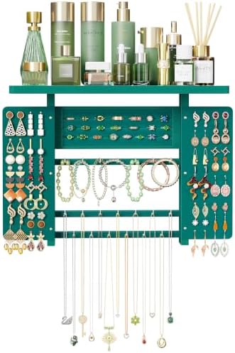 Emfogo Jewelry Organizer Hanging Wall Mounted Jewelry Holder, 5-in-1 Large Capacity Necklace Organizer Wall Hanging Jewelry Display for Ring, Necklaces, Bracelets, Earrings (Green) by Emfogo