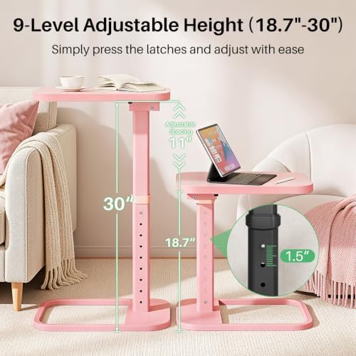 Kitstorack Upgraded TV Tray Table with Panel Lock, 90° Flip-Over Design & Adjustable Height, Sofa Arm Side Table for Eating, Laptop, Couch, Bed, or Small Spaces, Pink - Image 2
