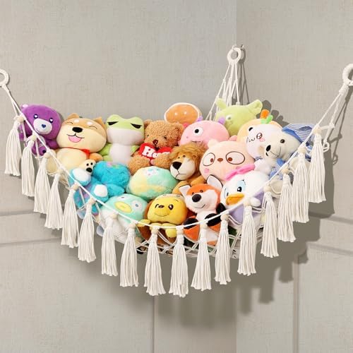 Stuffed Animal Hammock Net, Toy Storage For Stuffy, Plushie Net Wall Hanging Organizer Corner Holderwith Tassels Hooks For Kids Bedroom Nursery Room by KIDDIMIDY