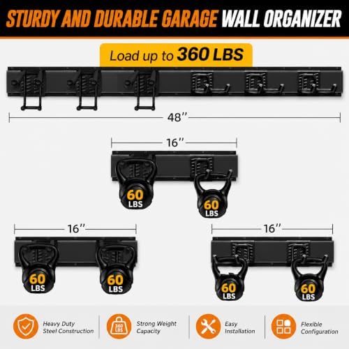 Garage Tool Organizer Wall Mount, Heavy Duty 48 Inch Garage Storage System with Adjustable Hooks, Garden Tool Rack for Shovel Rake Broom Snowboard Shed Organization - Image 3