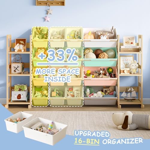 EXPERLAM Extra Large Toy Storage - Toy Storage Organizer, Wooden Toy Organizer with 6 Side Shelves and 16 Bins, 3-in-1 Bookshelf for Kids Rooms, Playroom, Nursery, Multi - Image 3