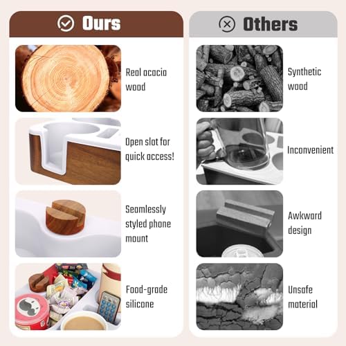 Couch Cup Holder Tray, Real Acacia Wooden Caddy with Soft Silicone, Snack and Drink Organizer- Perfect Movie Night Accessories for Bed, Remote and Cup Holders for Sofa (White) - Image 6
