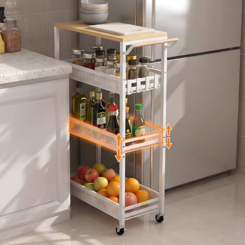 Slim Storage Cart with Adjustable Shelf, 4 Tier 9.1" Wide Narrow Rolling Utility Cart with Wooden Tabletop, Small Metal Mobile Shelf Unit Organizer Trolley for Laundry, Bathroom, Kitchen by Vincona