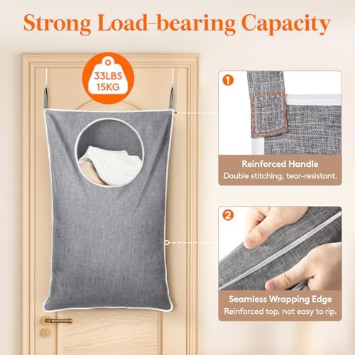 Lifewit 1 Pack Over Door Laundry Hamper, Collapsible Hanging, Light Gray - Image 3