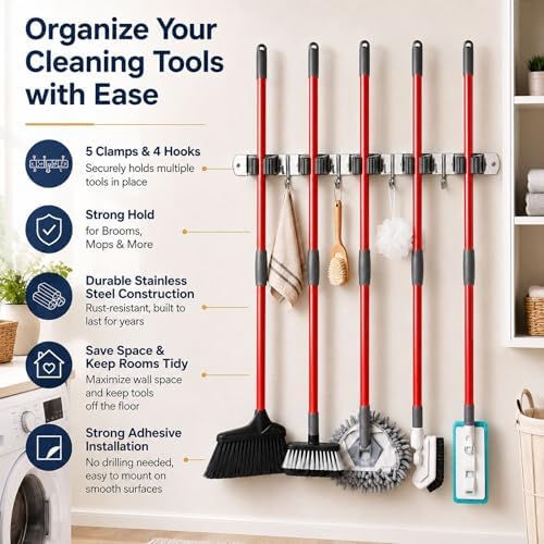 voze 5 Racks and 4 Hooks Mop and Broom Holder Wall Mount, Self Adhesive Heavy Duty Broom Hanger Organizer Storage Tool Racks for Kitchen Garden Laundry Garage - Image 2