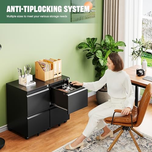 Letaya Mobile File Cabinet with Lock,2 Drawer Under Desk Metal Rolling Filing Cabinets for Home Office Organizer Letters/Legal/A4(Fully Assembled-Black) (Pack of 2) - Image 3