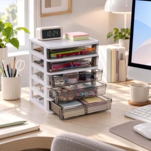 DEAYOU 5 Drawer Desktop Storage Bin Unit, Small Plastic Organizer, White Frame with Clear Drawer, Mini Container Case for Desk, Storing Craft, Accessory, Stationery - Image 2