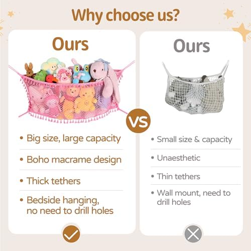 Stuffed Animal Storage Net, Large Bedside Toy Organizer Net, Cotton Plushie Toy Storage Hammock with Tether for Stuffed Animals Room Organization (Pink, 2 Pack) - Image 5