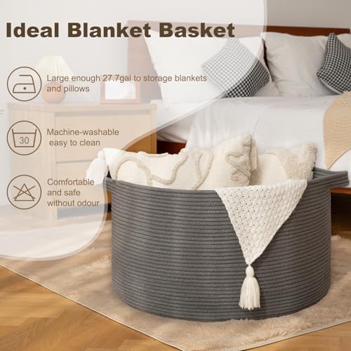 OIAHOMY 105L Extra Large Blanket Basket - Decorative Cotton Rope Storage Basket for Bedroom, Living Room & Nursery - Woven Laundry Hamper for Organizing Blankets, Clothes & Toys - Grey - Image 3