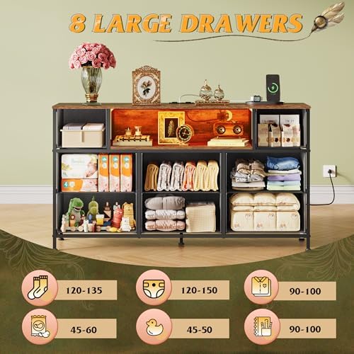 WLIVE LED Dresser TV Stand for 55 Inch TV, 8 Fabric Drawers, Vintage - Image 4