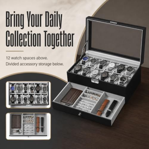 GUKA 12-Slot Watch Box Organizer with Glass Lid, 2-Tier Leather Case - Image 5
