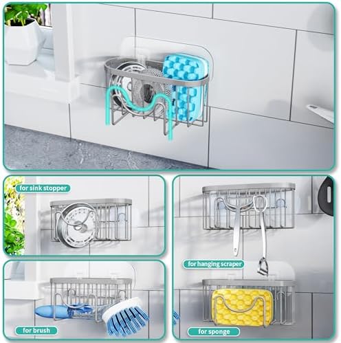 HapiRm Sponge Holder for Kitchen Sink - Sink Caddy with Unique M-Shaped, 2 Installation Methods Kitchen Organizer, Rustproof Stainless Steel Sponge Caddy - Grey - Image 2