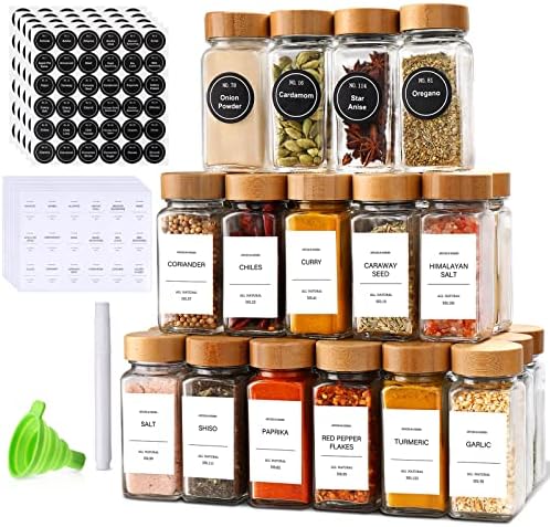 DIMBRAH Spice Jars with Label 24Pcs,Seasoning Containers,Glass Spice Jars with Bamboo Lids,Kitchen Essentials,Spices Container Set,Kitchen Set,Seasoning Organizer,A total of 96 oz by DIMBRAH%EF%BC%8CKitchenDining