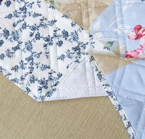 Brilliant Sunshine Blue Beige Rose Toile Couch Armrest Organizer, 35"×13" - Image 6