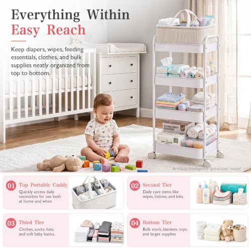 Baby Diaper Caddy 4 Tier Rolling Storage Cart with Wheels for Baby Bedside - Image 2