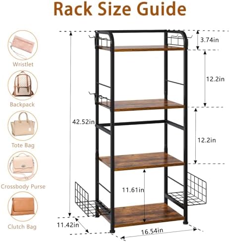 koozuuyk 4-Tier Purse Organizer for Closet with 3 Side Hooks and 2 Baskets, High Capacity Purse Rack Stand for Purse Storage, Metal & Wood Handbag Holder for Handbag Organizer, Patent Pending - Image 3