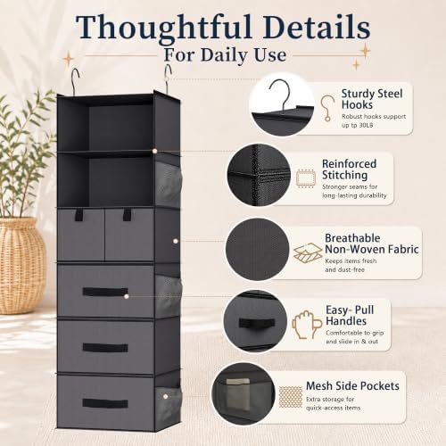 6-Shelf Hanging Closet Organizer with 5 Drawers, Gray - Black Handles - Image 3
