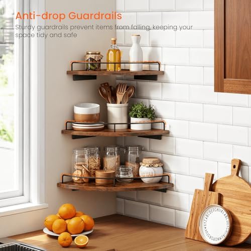 Homode Corner Shelf Wall Mounted Set of 3, Corner Floating Shelves 9/10/12 Inch Deep, Wood Round Corner Hanging Display Shelf with Guardrail for Bathroom Bedroom Kitchen Living Room, Rustic Brown - Image 3