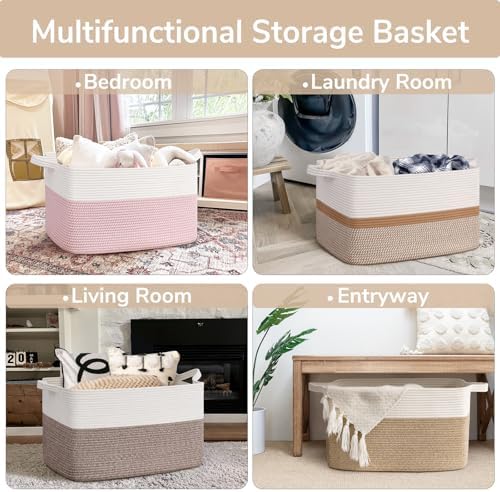 Goodpick Large Woven Rope Blanket Basket, Rectangle, White & Camel Mix - Image 4