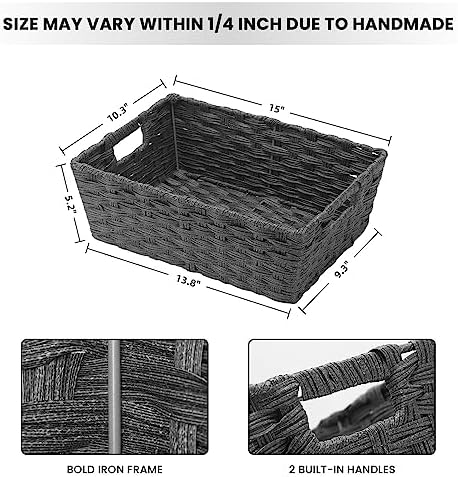 Onlytak Large Wicker Storage Basket, Metal Frame, Set of 2, Washable Waterproof, 15" x 10.3" x 5.2", Dark Grey Color, Woven Basket for Pantry, Toilet, Bathroom, Bedroom, Patio - Image 2