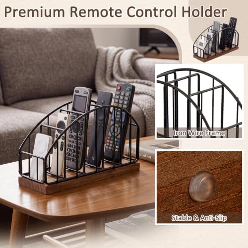 5 Slot Remote Control Holder 7.87 x 3.93 x 2.75 Inch, Vertical Metal & Wood Remote Caddy for Table, Desktop Storage Desktop Organizer for TV Remotes, Phone, Glasses, Nightstand Coffee Table, Black - Image 5