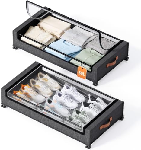 Yecaye 60 L Under Bed Storage with Wheels, 2 Pack Under Bed Storage Containers with Clear Window & Label, Rolling Under bed Shoe Storage organizer for Clothes, Shoes, Hemp Grey by Yecaye