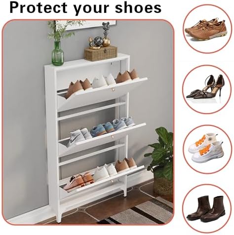 Shoe Cabinet with 3 Flip Drawers, Narrow Shoe Storage Cabinet, Farmhouse Shoe Organizer, Freestanding Organizer with Metal Legs for Entryway, Foyer (White, 3 Door) - Image 4