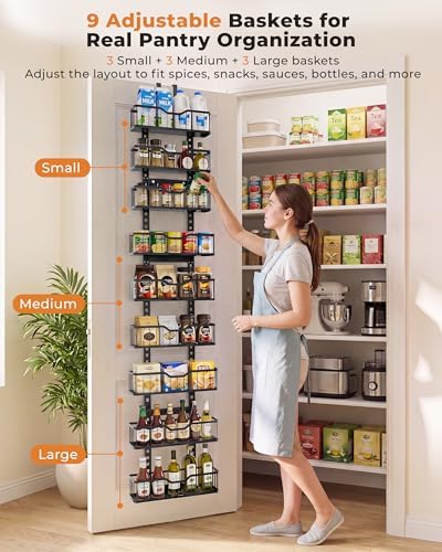 EVERIE Over the Door Pantry Organizer, 9-Tier Heavy Duty Door Storage Rack with Solid Bottom Baskets, Stable No-Bumping Design, Adjustable Hanging Shelves for Kitchen Pantry - Image 7