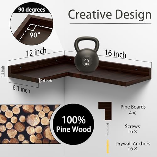 4 Tier Floating Corner Shelves Set of 4, Rustic Pine Wooden Floating Corner Wall Shelf for Wall Décor Storage, L Shaped Corner Shelf Wall Mount For Bedroom, Living Room, Bathroom, Kitchen, Red Brown. - Image 2