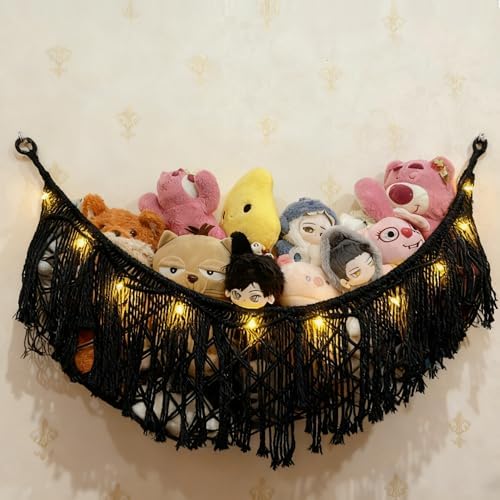 Stuffed Animal Hammock or Net With LED Lights Extra Large Wall Hanging Stuffed Animal Storage Nets for Teddy Bear Handmade Macrame Hanging Toy Net Hammock for Stuffed Animal Storage (Black) by LXUNYI