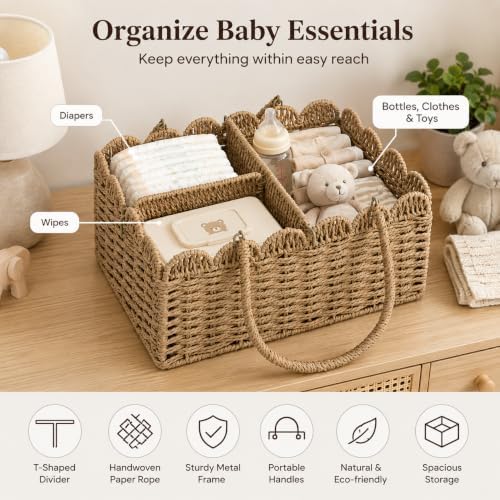 Large Wicker Diaper Caddy Organizer, Scalloped Nursery Basket for Changing Table, Woven Rope Baby Holder with Removable Divider, Portable Organizer for Diapers Wipes Clothes Toys & Essentials (Brown) - Image 5