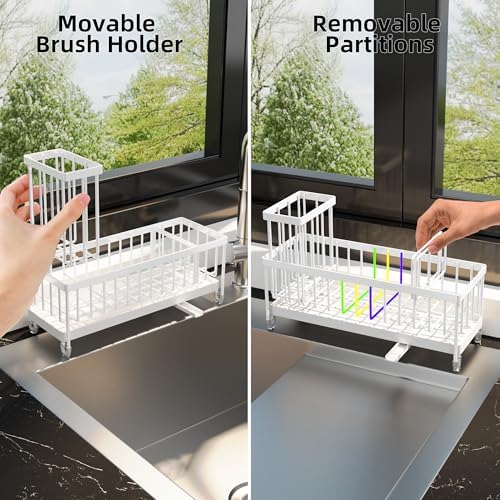 Moforoco Extra Large Kitchen Sink Caddy, Rustproof Sponge Holder for Kitchen with High Brush Holder, Stainless Steel White Kitchen Caddy Countertop Organizer, Sponge Caddy for Kitchen - Image 4