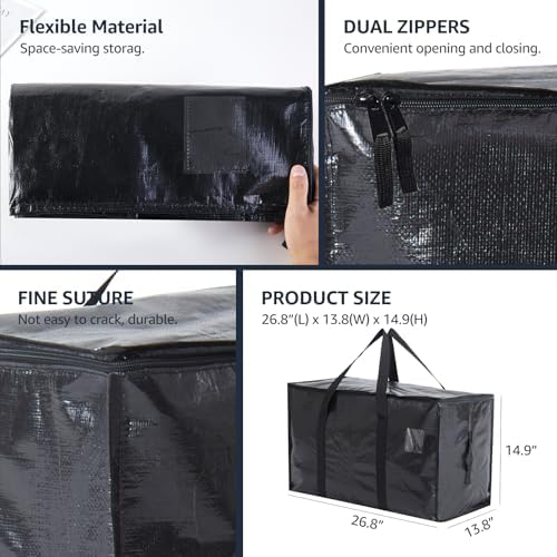 Moving Bags Heavy Duty Extra Large, Moving Boxes, Moving Supplies Essentials, Blue Storage Bins with Lids, Plastic Packing Totes, Storage Bags for Clothes with Handles & Zippers(Black, 6 Pack) - Image 7