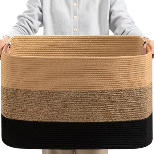 danpinera Large Woven Basket, 108L Large Blanket Basket for Living Room, Nursery, Cotton Woven Hamper for Toy Organizing & Laundry, 25’’*16’’*16’’ Gradient Linen by danpinera