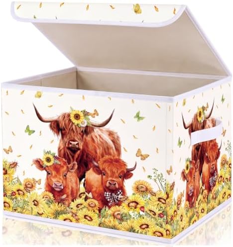 Briwooody Highland Cow Storage Bin with Lid and Carrying Handle Sunflower Cow Foldable Storage Box Large Farm Cattle Decorative Collapsible Container Basket for Organizing Closet Home Bedroom Gift by Briwooody