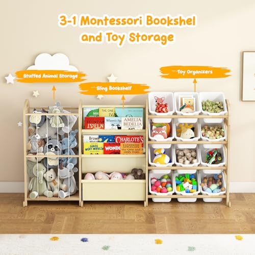 3-in-1 Toy Storage Organizer with Bookshelf, 12 Bins & Kids Bookshelf - Image 3