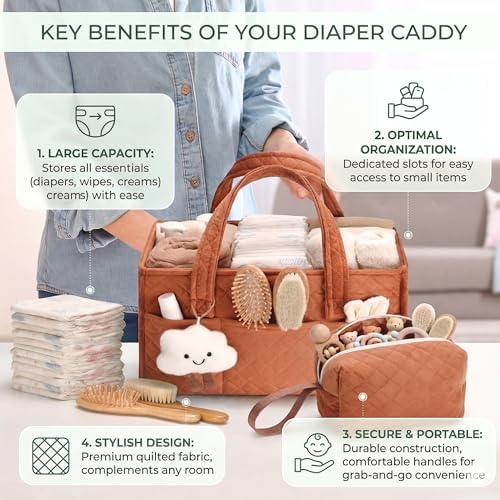 PeraBella Baby Diaper Caddy Organizer, Baby Basket Shower Gift, Portable Changing Table Basket, Postpartum Caddy & Tote Bag Pouch, Newborn Boy & Girl Nursery Essentials Registry, Car Diaper Organizer - Image 3