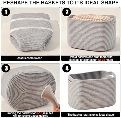 ICERZCZ Storage Baskets for Organizing Shelves, Woven Cotton Rope Bins for Baby Nursery Organization, Book Toy Towel Organizer, 15"x11"x9.5", 3 Packs, Grey - Image 7
