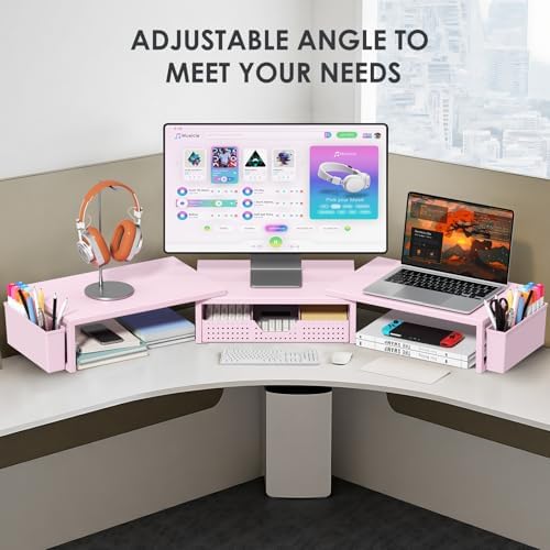 OPNICE Desk Organizers and Accessories, Dual Monitor Stand Riser with Drawer and 2 Pen Holders, Desk Shelf Computer Racks & Printer Stand for Office Workspace Organizers, Desktop Organization (Pink) - Image 6