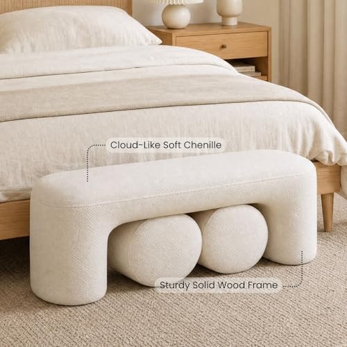 53" Chenille Ottoman Bench with 2 Nesting Ottomans, White - Image 3