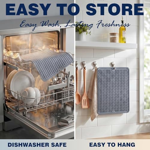 2 Pack Caketime Silicone Dish Drying Mat for Kitchen Counter Heat Resistant Pads Hot Dishes Waterproof with Under Sink Soap Holder Coffee Bar Accessories Women Gifts Extra Large 18"x16" Light Gray - Image 6