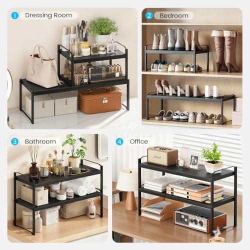 Cawukege Expandable Cabinet Organizer Shelf, Metal Countertop Storage Shelves, Heavy Duty Adjustable Spice Rack Stackable for Kitchen Pantry Storage Rack (Black, 1 Pack: 14.2-24.8"L x 7.87"W x 8.66"H) - Image 5