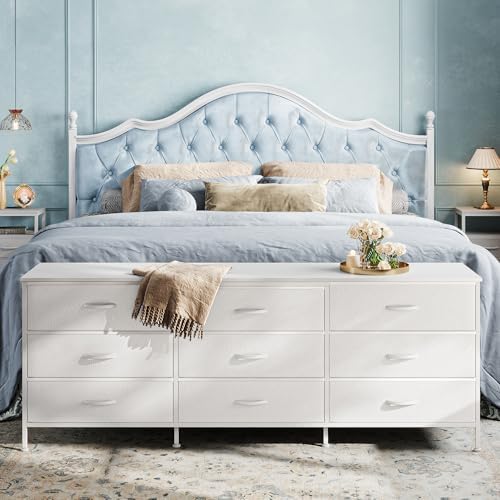 Huuger 63 Inch Dresser for Bedroom, Dresser for Closet with 9 Fabric Drawers, Large TV Stand for 55, 65, 70 Inch TV, Entertainment Center with Storage, Wide Long Chest of Drawers, White - Image 2