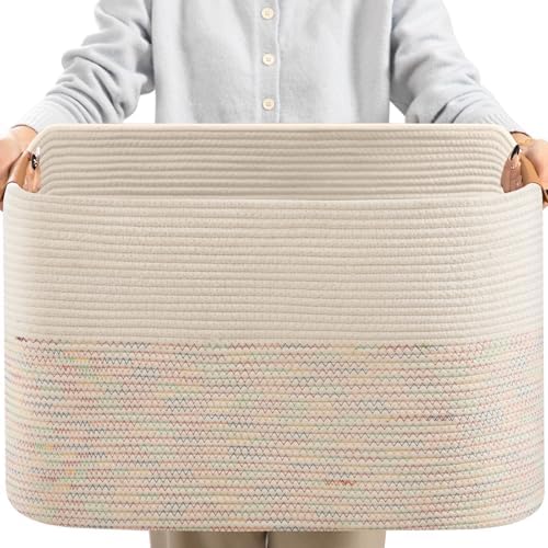 danpinera 108L Large Basket for Living Room, Boho Decorative Basket Organizing with Handles, Cotton Rope Storage for Toys, Pillows, Clothes, 25’’*16’’*16’’ Rainbow by danpinera